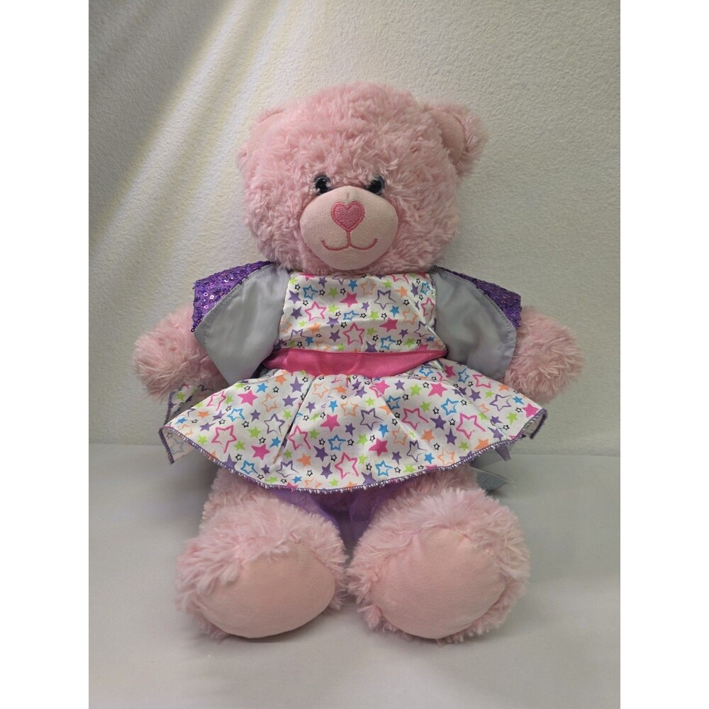 BUILD A BEAR WORKSHOP Plush Pink  Stuffed Teddy With Purple Outfit 2018 Heart